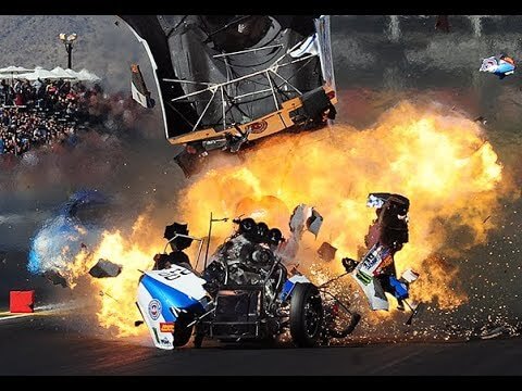 Photo sequence shows funny car driver John Force exploding and slamming into Jonnie Lindberg