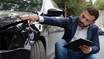 a person analyzing damage to assess how much of a car insurance payout is required